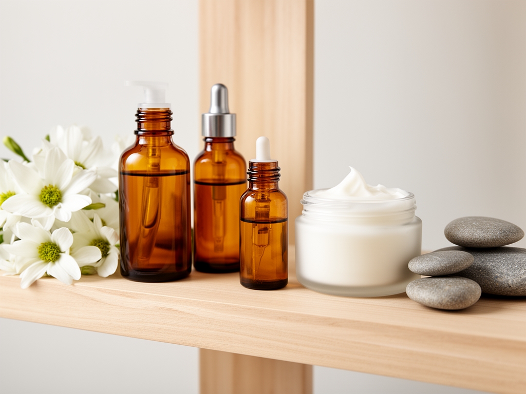 Frascos elegantes de vidrio ámbar con cremas y aceites naturales sobre estante de madera clara, junto a flores blancas frescas y piedras de río, ambiente de spa natural minimalista
