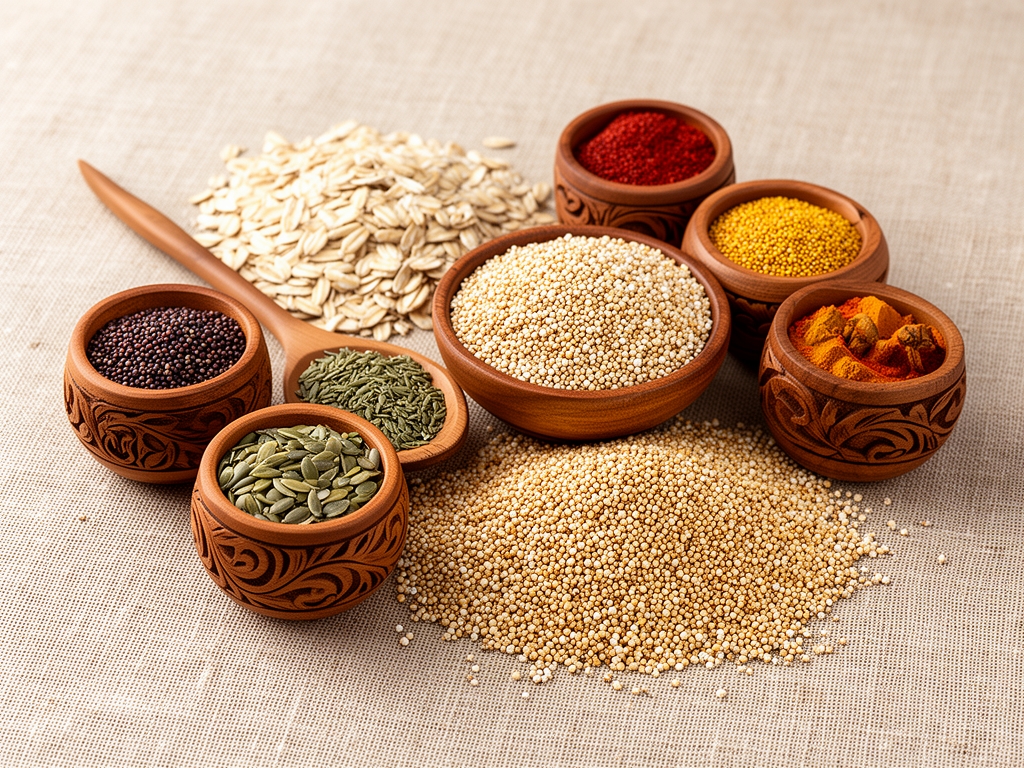 Tazones de granos integrales, semillas de quinoa, avena y amaranto en tonos tierra sobre superficie de lino natural, con especias coloridas en pequeños recipientes de madera tallada, composición ordenada y armoniosa