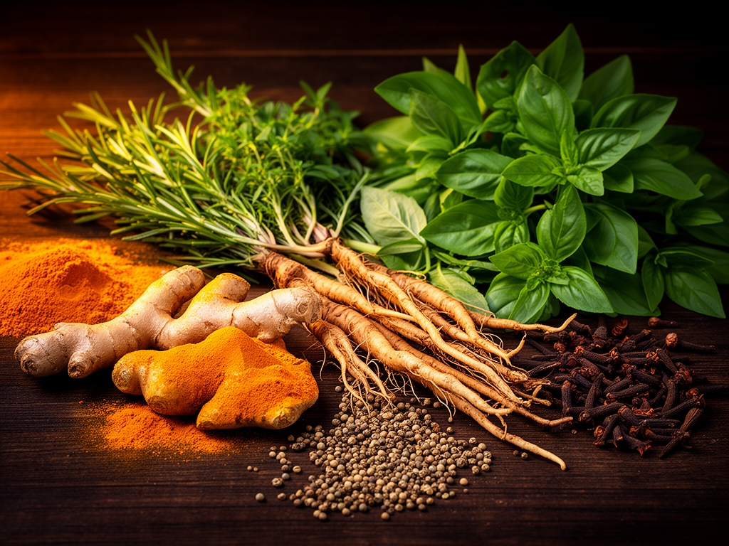 Variedad de hierbas medicinales, raíces y especias naturales dispuestas sobre una mesa de madera oscura con iluminación cálida y dramática, incluyendo cúrcuma, jengibre, hojas de albahaca y semillas