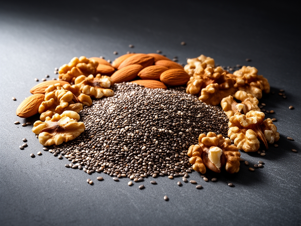 Composición artística de semillas de chía, nueces, almendras y linaza sobre superficie de pizarra gris oscuro, con iluminación lateral dramática que resalta texturas y formas naturales