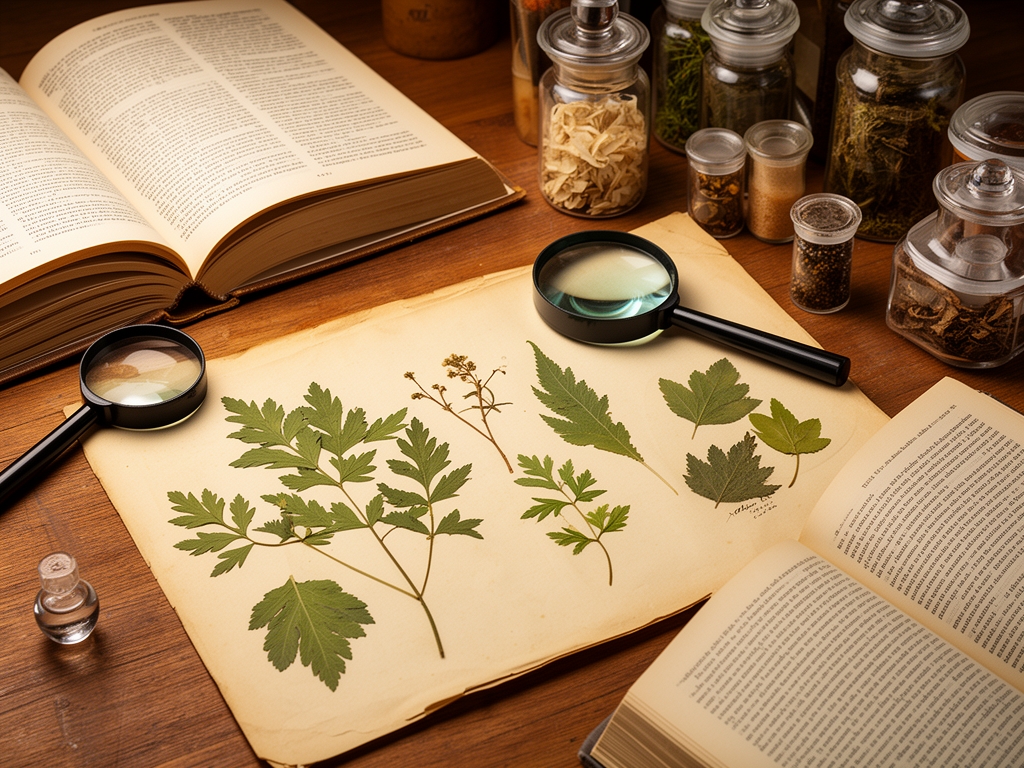 Vista aérea de una mesa de estudio con libros abiertos, muestras botánicas prensadas, lupas y frascos con ingredientes naturales, ambiente de investigación académica con tonos cálidos de madera y papel amarillento